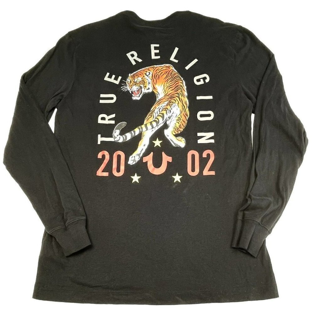 TRUE RELIGION Mens MEDIUM Black L/S Tiger Graphic Crew T-SHIRT Tee Spell-Out EUC
